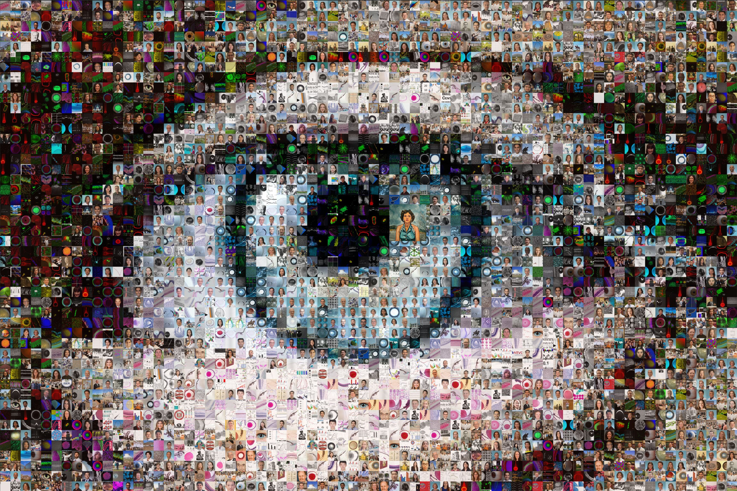 Mosaic eye image created by Dr. Bassnett, composed of scientific images and personnel photos from WashU Ophthalmology, including an image of Mrs. Lacy among the rest, symbolizing her lasting legacy as an integral part of our team.